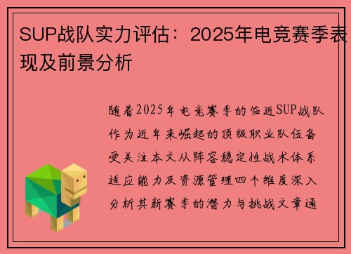SUP战队实力评估：2025年电竞赛季表现及前景分析