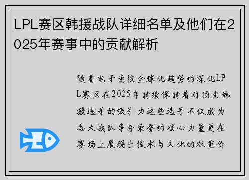 LPL赛区韩援战队详细名单及他们在2025年赛事中的贡献解析