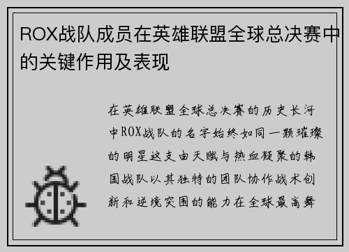 ROX战队成员在英雄联盟全球总决赛中的关键作用及表现